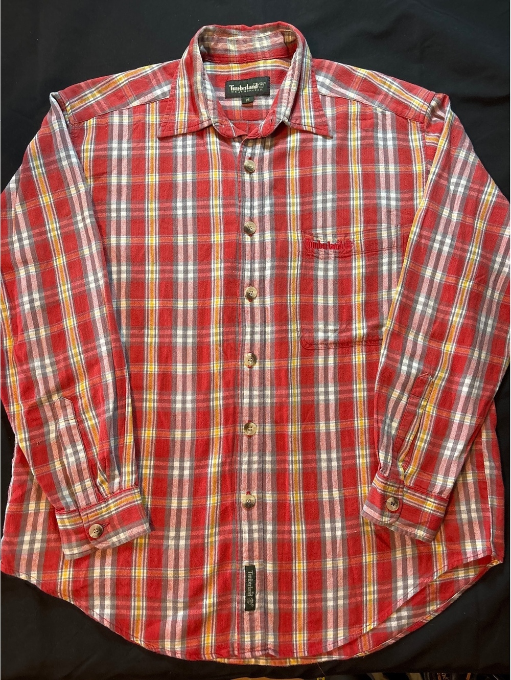 Timberland Men’s Red Plaid Long Sleeve Button-Up Shirt Embroidered